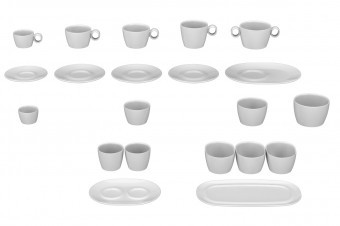 The range: espresso, coffee, cappuccino, latte macchiato and soup cups with saucers and side dish plates.
